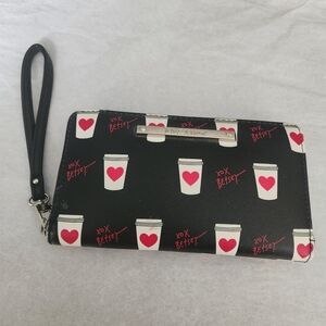 Betsey Johnson Black Wristlet with Heart and Coffee Cup Design